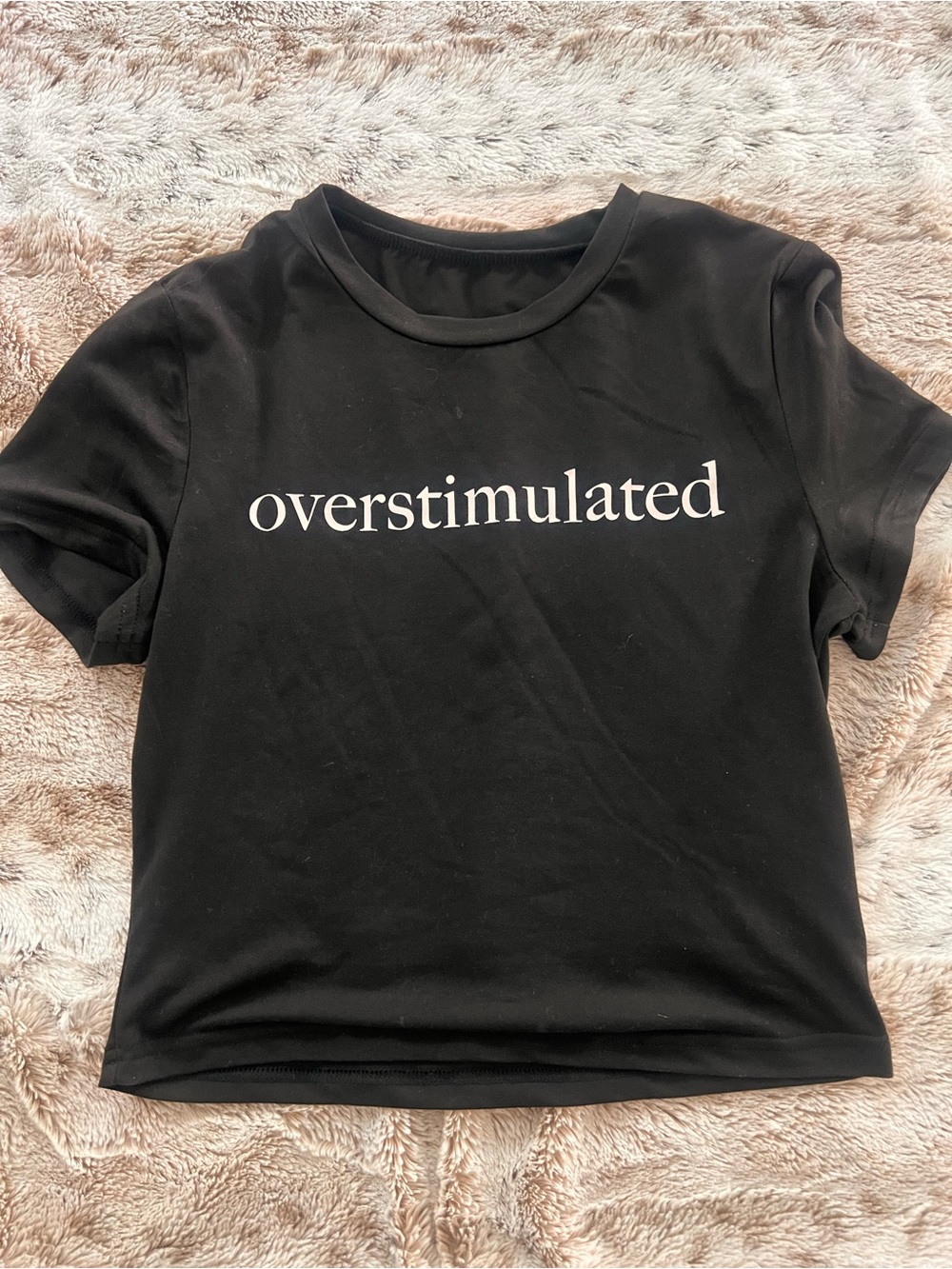 SHEIN Black Short Sleeve Tee with White "overstimulated" Print